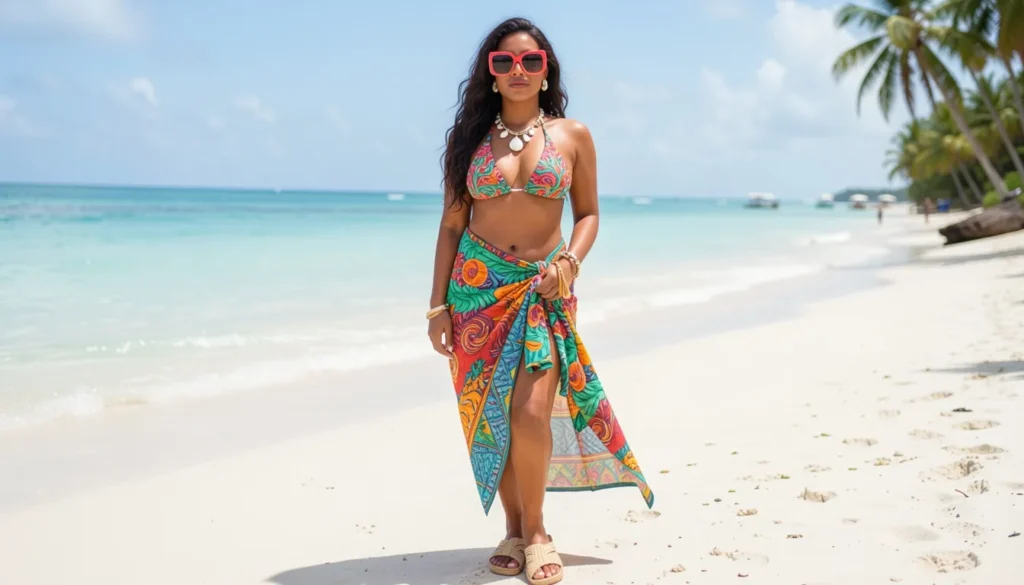 Swimwear outfit ideas for tropical vacation featuring bikini, sarong, and beach accessories.
