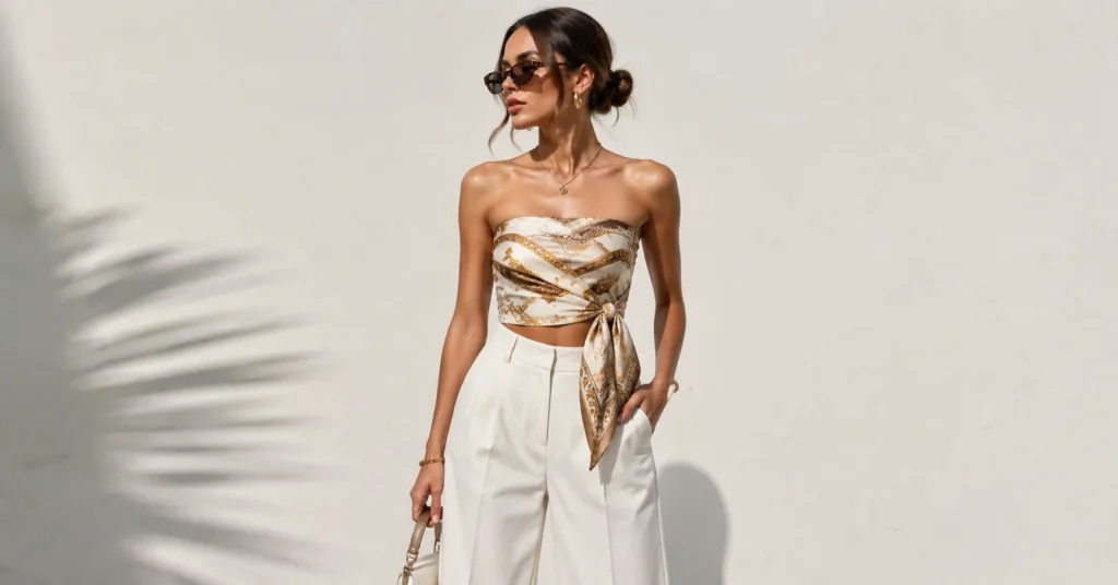 Wrap scarf tops clothing styled with wide-leg trousers for an elegant fashion outfit.