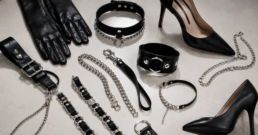 Dominatrix outfit accessories including leather gloves, chokers, heels, and silver chains.