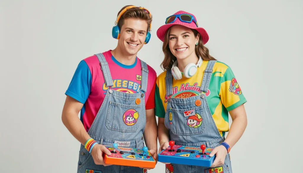 Couple wearing colorful retro arcade-inspired overall outfits with playful styling.