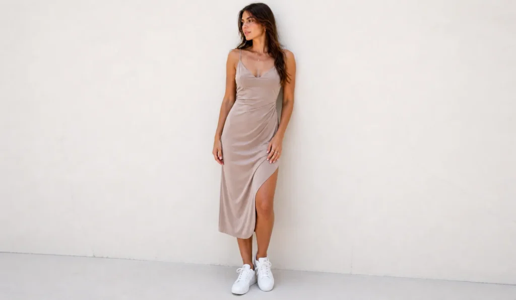 Woman pairing white sneakers with dress for a comfortable concert outfit