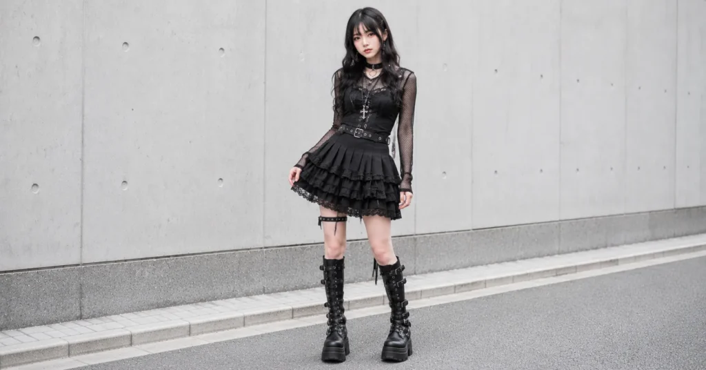 Misa Amane outfits inspired by Japanese alternative streetwear and combat boot fashion.