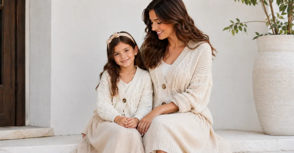 Cozy mommy and me outfits with matching cream knit sweaters for fall family fashion.