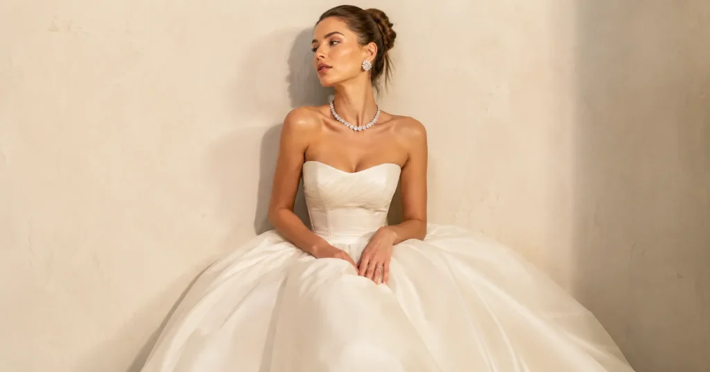 Elegant Oscars outfits featuring a celebrity in a glamorous ivory ballgown.