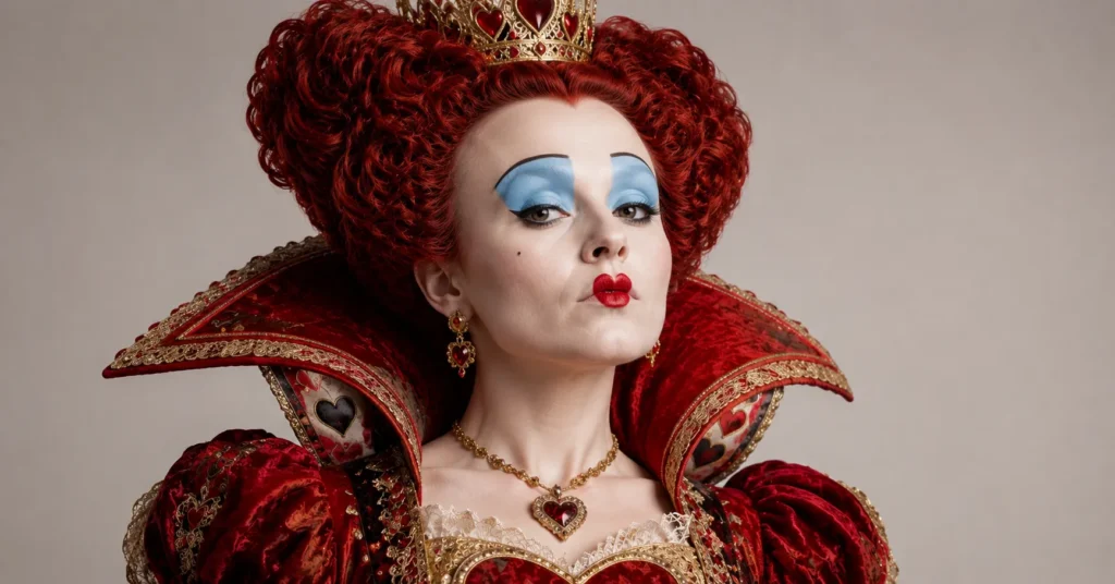 Queen of Hearts outfit featuring dramatic fantasy makeup and royal crown styling.