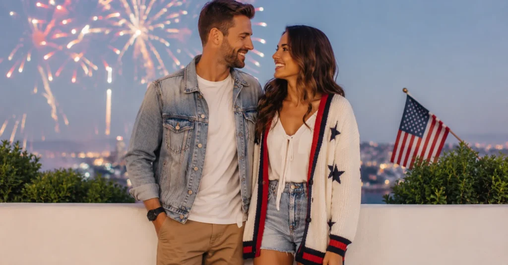 Layered 4th of July outfits perfect for evening fireworks celebrations.