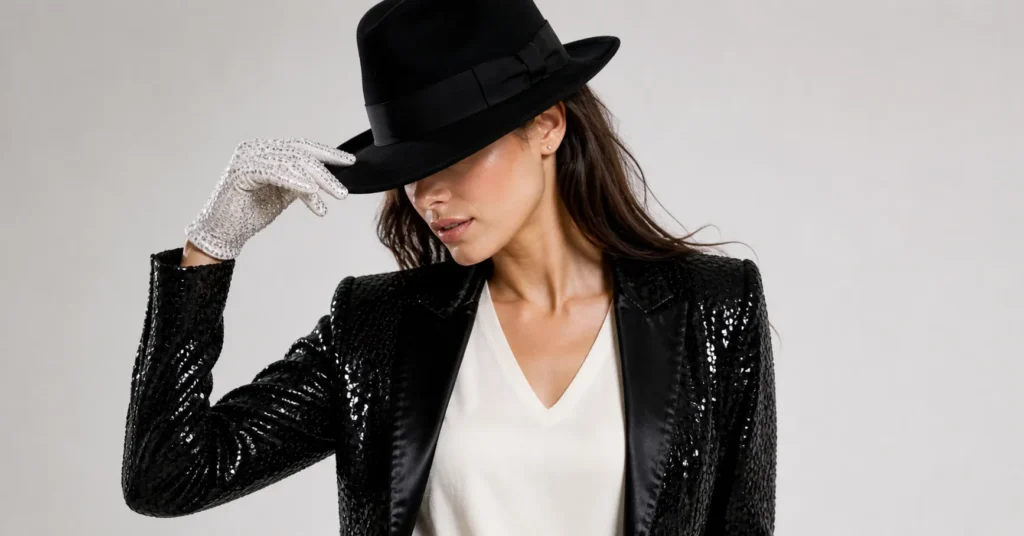 Female performer adjusting black fedora with confident pose in bright editorial setting.