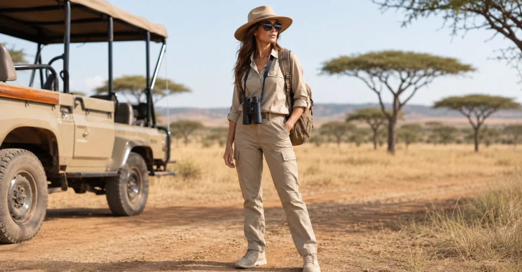 Women’s safari outfit accessories including safari hat, sunglasses, backpack, and outdoor travel essentials.