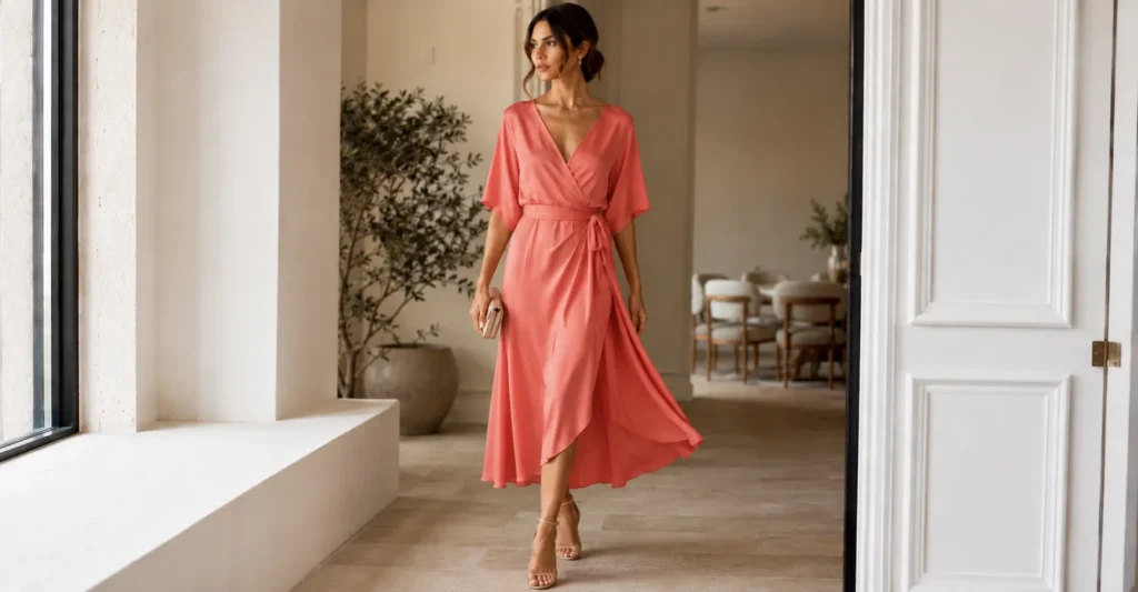 Summer silk outfits for weddings featuring a coral silk midi dress and elegant sandals.