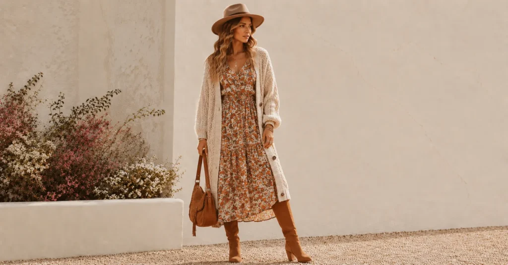 Fall boho chic style featuring knit cardigan, floral midi dress, and suede boots.