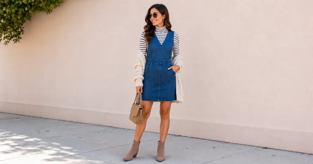 Denim dresses and outfit styling for winter with layered turtleneck and ankle boots.