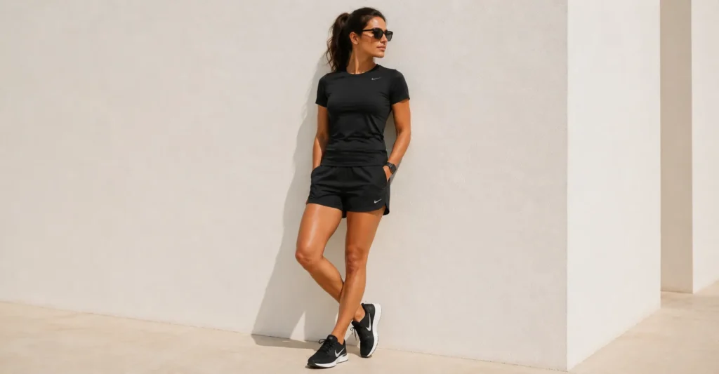 Masc summer fits inspired athletic women’s outfit with performance wear and sneakers.
