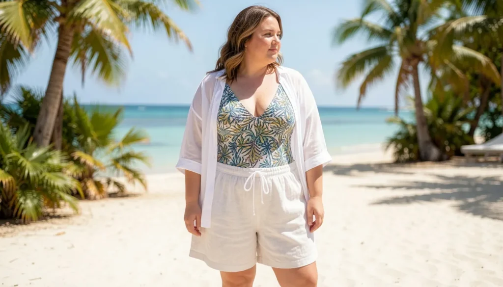 Plus size summer outfits featuring a beach cover-up with linen shorts and sandals.