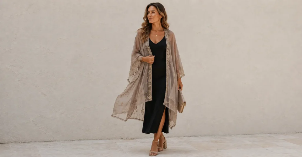 Summer poncho outfit inspiration with a chiffon poncho layered over an elegant evening dress.