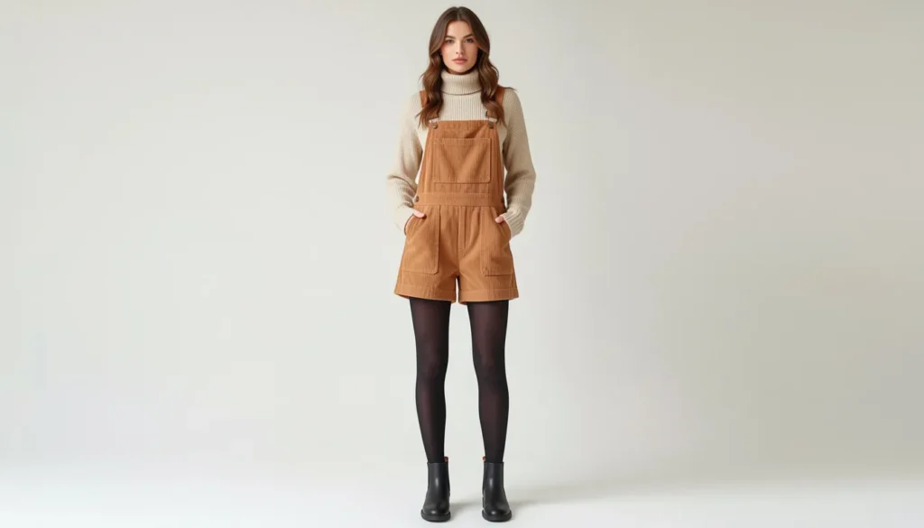 Shortalls outfit inspiration with layered corduroy shortalls for cool-weather styling.