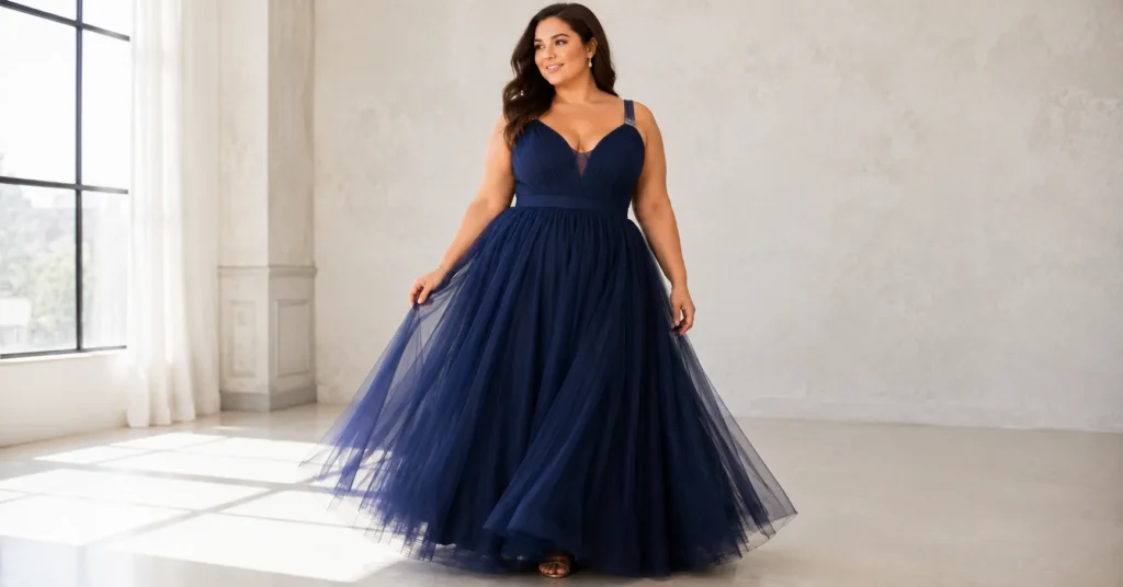 Plus size navy blue tulle dress with elegant layered design and flattering silhouette.