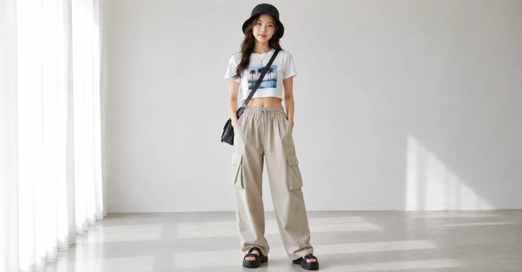 Summer Arirang concert outfit with cargo pants and bucket hat