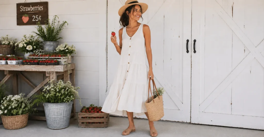 Strawberry picking outfit featuring a cotton midi dress and straw hat for sunny farm days.