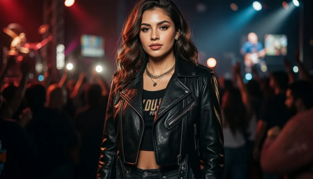 Female Don Toliver concert outfit featuring cropped leather jacket and relaxed cargo pants.
