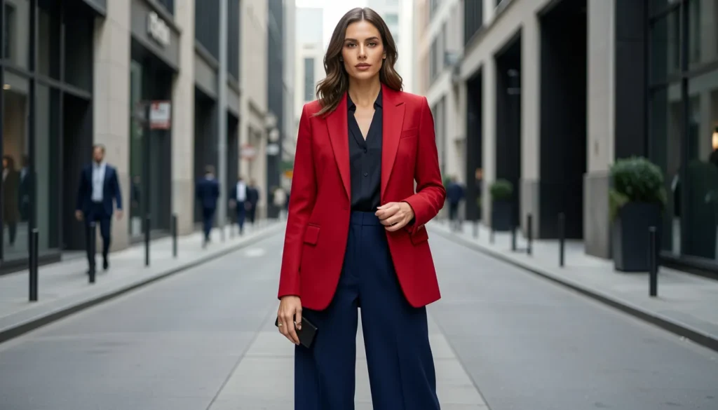 Why the Gwyneth Paltrow Red Blue Outfit Remains a Fashion Icon 6 Gwyneth Paltrow red blue outfit with structured red blazer and navy tailored trousers.