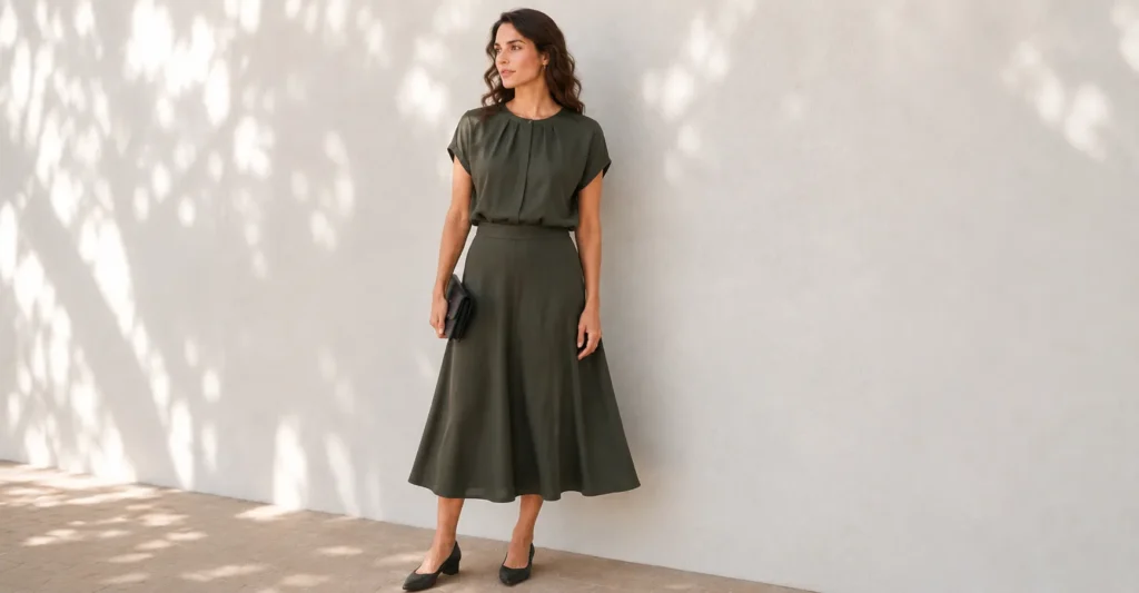 How to Choose the Appropriate Summer Funeral Outfit 6 Summer funeral outfit with dark olive midi skirt and modest blouse for outdoor memorial services.