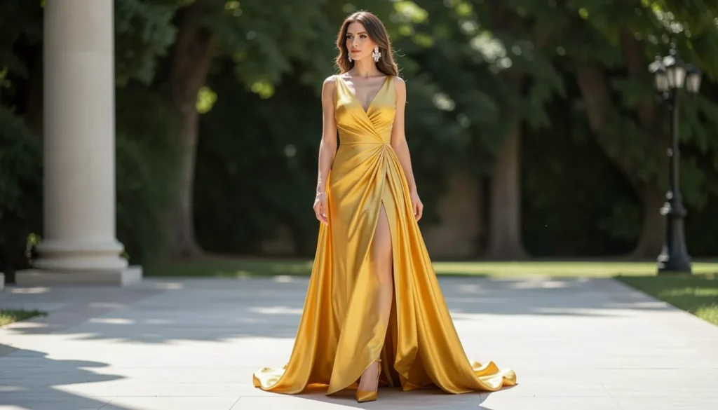 Master the Yellow Outfit: How to Style the Brightest Color 9 Elegant formal yellow outfit with golden satin gown for evening fashion inspiration