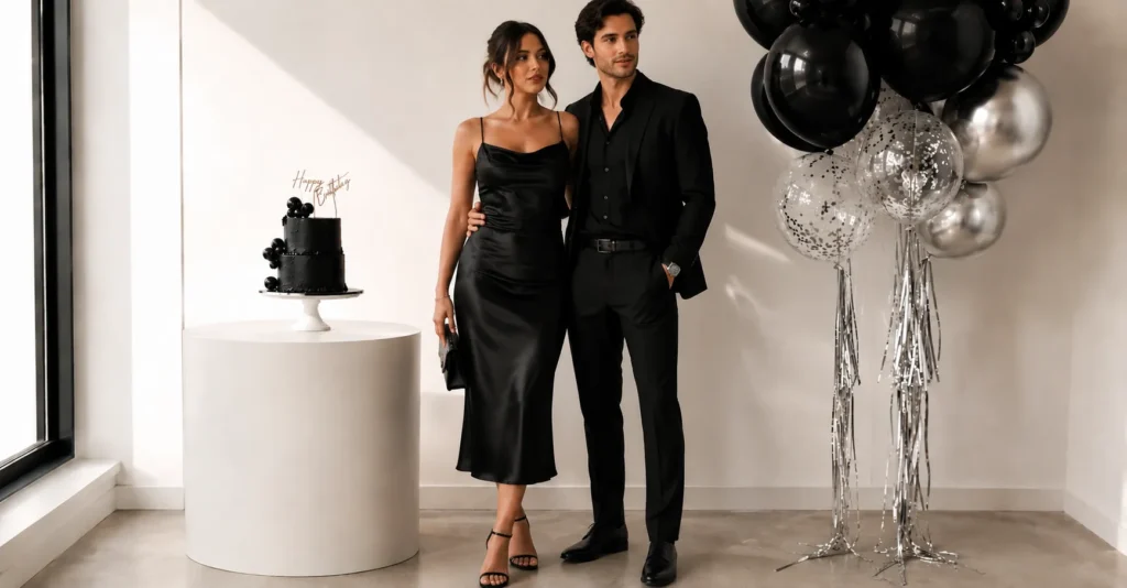 All black birthday party outfit ideas for couples with luxury monochrome fashion.