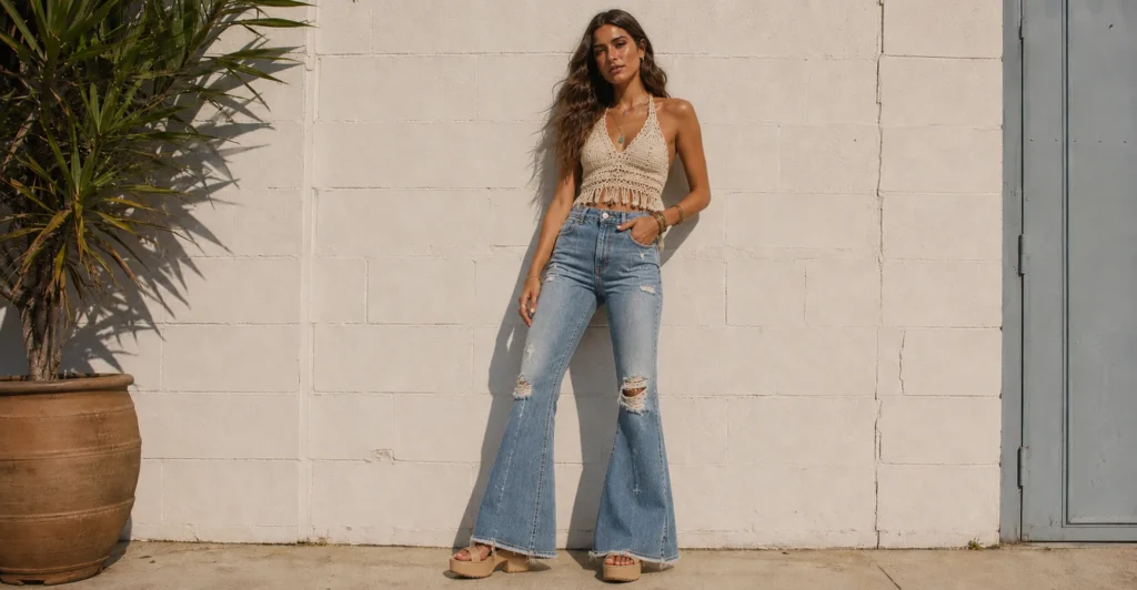 The Best Bell Bottom Jeans Outfit Ideas for Every Occasion 3 Bell bottom jeans outfit ideas inspired by retro boho festival fashion.