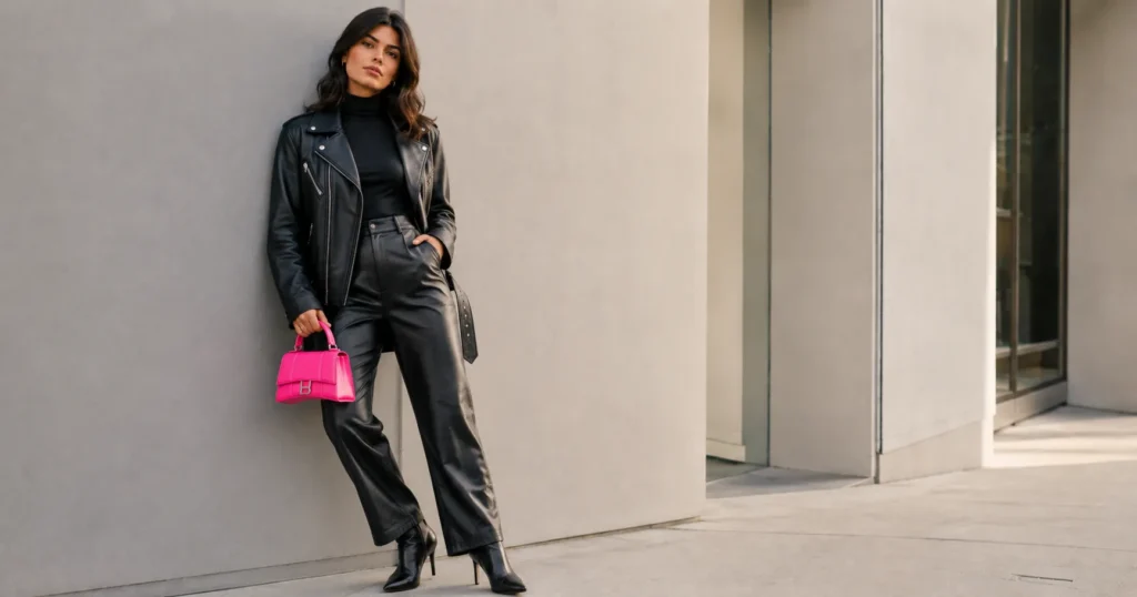 Black and pink outfit ideas with edgy leather streetwear and neon pink accessories.