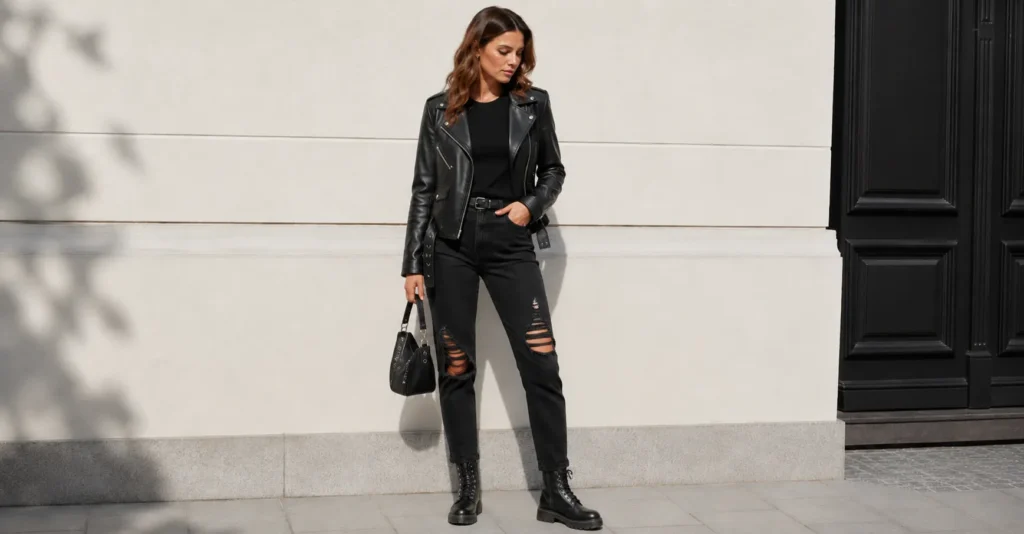 The Complete Guide to Black Jeans Outfit Ideas for Any Occasion 7 Black jeans outfit ideas with edgy leather jacket and monochrome streetwear fashion.