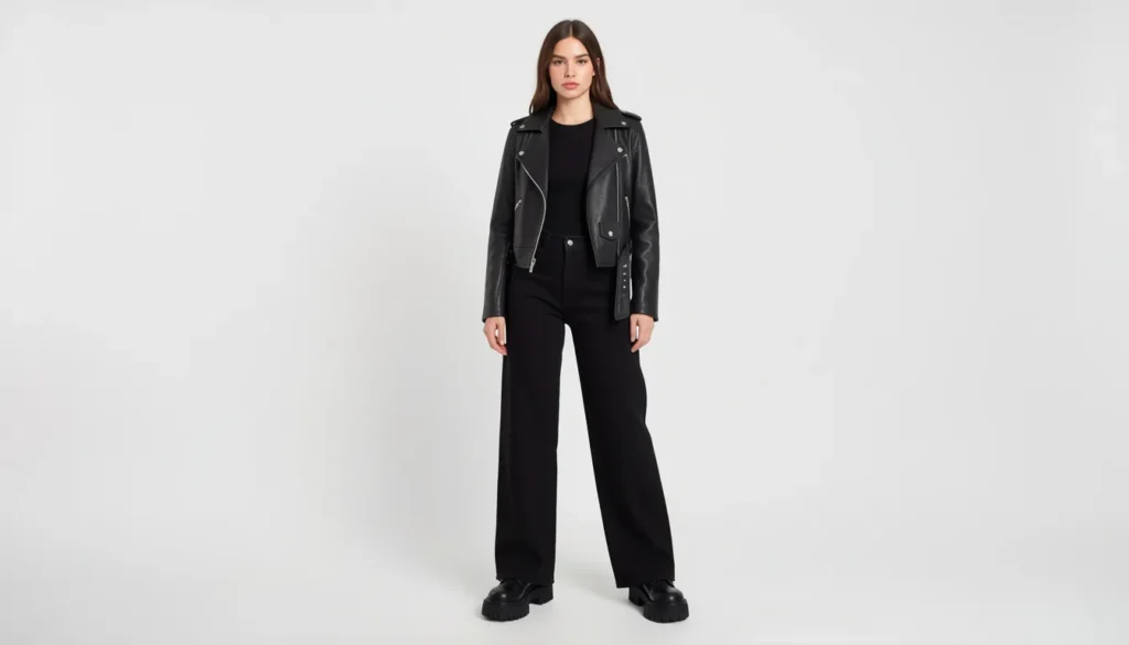 Black wide leg jeans outfit ideas with edgy leather jacket and monochrome streetwear fashion.