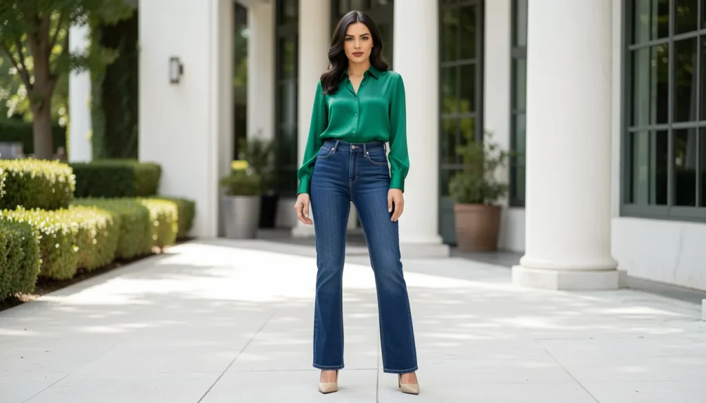 Bootcut jeans outfit ideas featuring elegant silk blouse and dark denim styling.