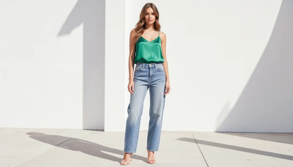 Chic Rhinestone Jeans Outfit Ideas for Every Occasion 6 Glamorous rhinestone jeans outfit ideas with silk camisole styling and embellished boyfriend jeans.