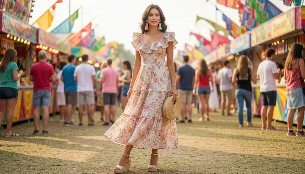 Cinco de Mayo outfit ideas with a floral midi dress and espadrille wedges