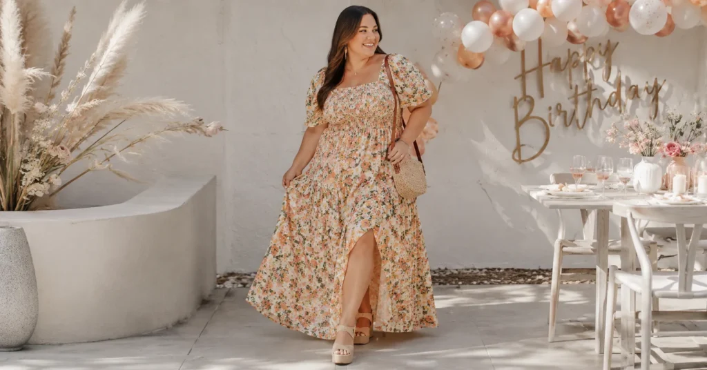 Stunning Curvy Plus Size Birthday Outfit Ideas for Your Day 6 Curvy plus size birthday outfit ideas featuring a floral maxi dress for brunch