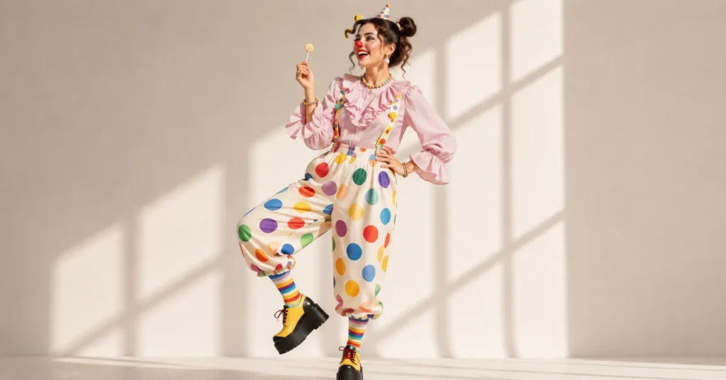 Colorful clowncore fashion outfit with polka dots and ruffles for circus outfit ideas inspiration.