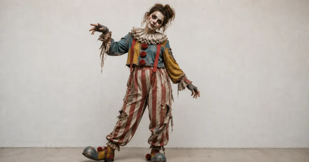 Zombie carnival clown costume with distressed colorful clothing for clown outfit ideas inspiration.