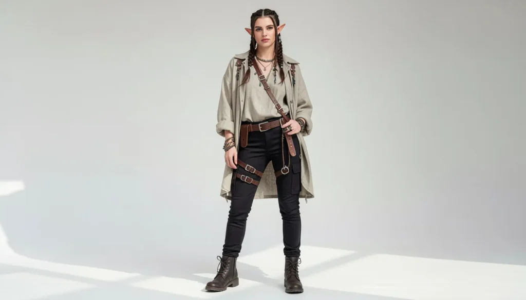 Modern elven streetwear fashion with layered linen and cargo pants for elf fantasy modern tribe outfit ideas.
