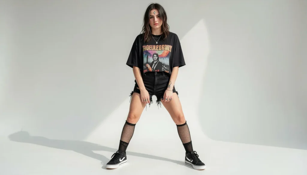 Casual summer emo outfit with distressed shorts and band tee for emo outfit ideas inspiration.
