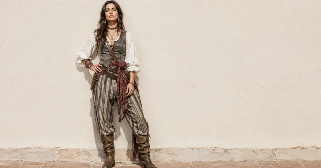 Classic female pirate outfit ideas with striped trousers and lace-up vest.