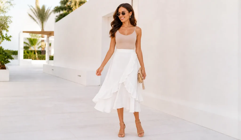 White ruffle outfit with a midi skirt styled for a balanced and elegant silhouette