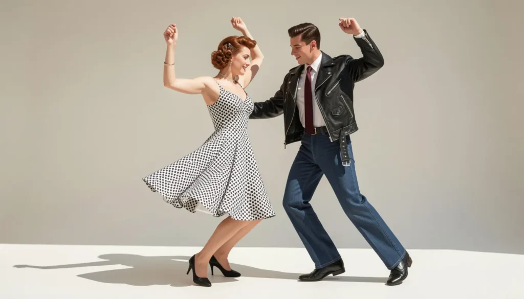 Retro couple grease outfit ideas with swing dress and greaser jacket.