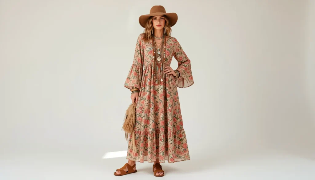 Romantic hippie outfit ideas with flowing floral maxi dress and boho accessories.