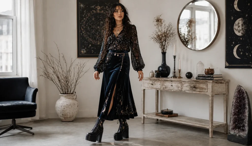 The Guide to Witch Outfit Ideas: Enchanting Styles for Every Occasion 6 Cosmic witch outfit ideas with celestial fashion, velvet skirt, and silver moon jewelry.