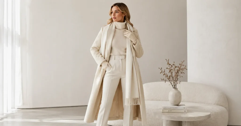 Stunning Winter Wonderland Outfit Ideas to Keep You Warm and Chic 3 Winter wonderland outfit ideas with monochromatic cream layers and elegant wool coat.