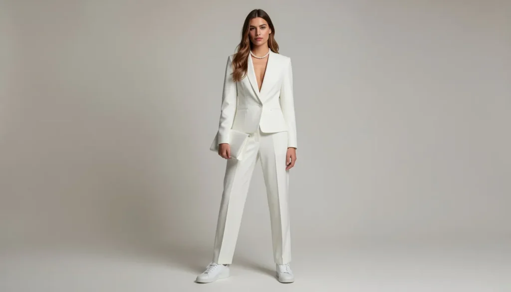 The Complete Guide to Sneaker Ball Outfit Ideas: Master Formal Comfort 4 Female sneaker ball outfit ideas with monochrome white jumpsuit and matching sneakers.