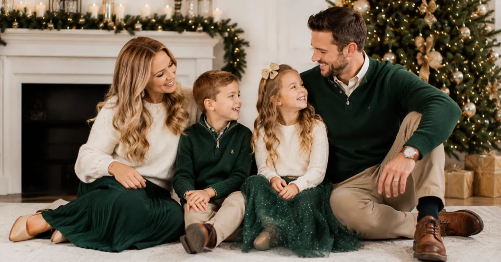 Family christmas outfit ideas with forest green and cream coordinated holiday fashion.