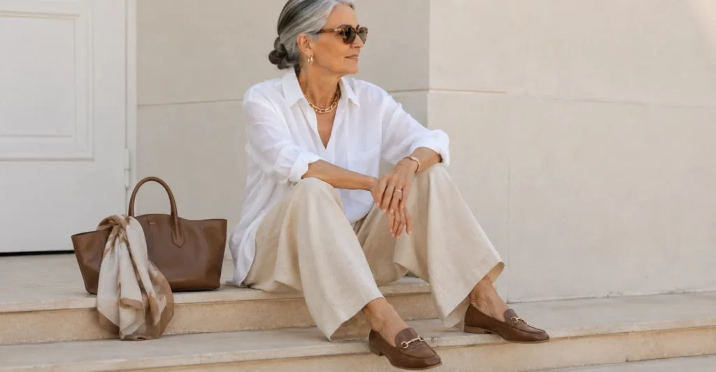 Chic Grandma Outfit Ideas: Master the Grandmacore Trend 3 Elegant grandma outfit ideas with linen trousers and classic loafers.
