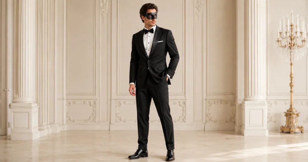 Masked ball outfit ideas with classic black tuxedo and elegant masquerade mask.