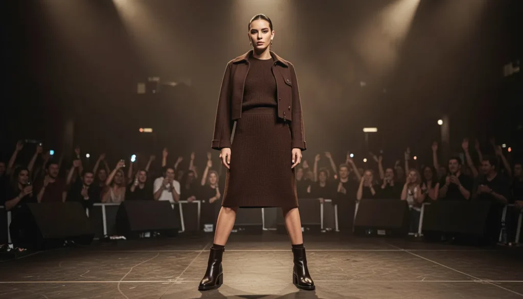 Monochromatic R&B concert outfit ideas with matching brown fashion set.